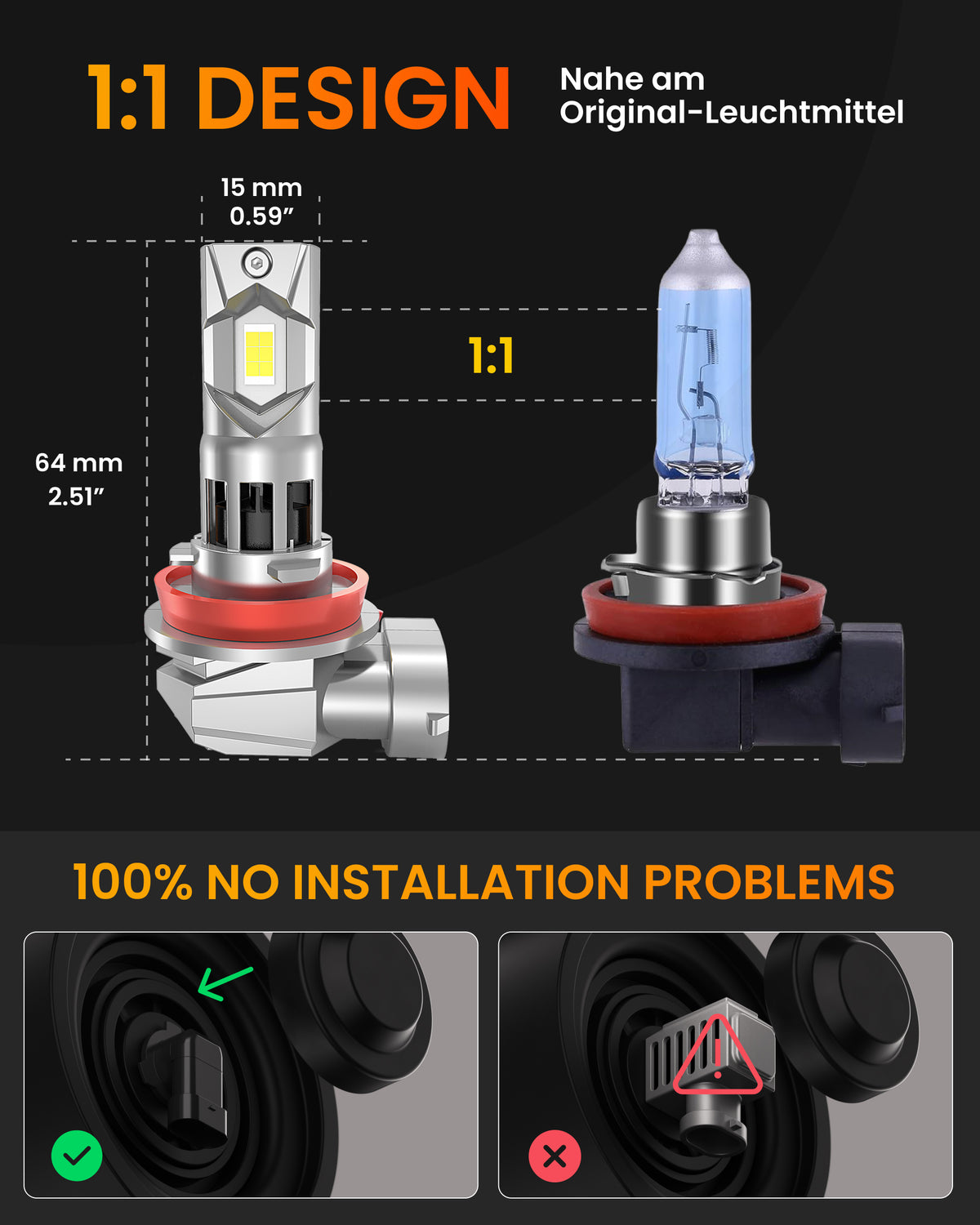 Stellar Lampe H11/H8/H9 (S25) – 1 Paar (2 Stück) LED,  +200 % Helligkeit, 1 Jahre Garantie