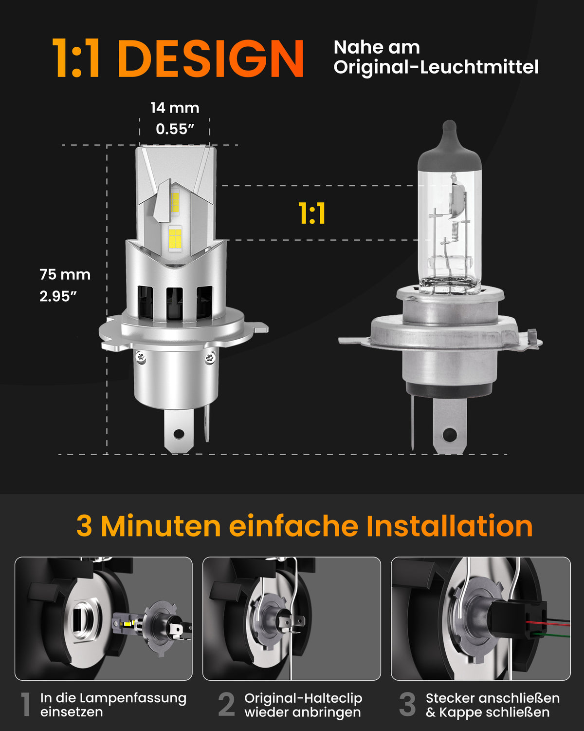 Stellar Lampe H4 (S25) – 1 Paar (2 Stück) LED,  +200 % Helligkeit, 1 Jahre Garantie