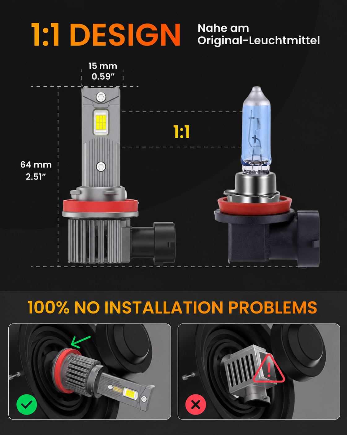 H11 STELLAR S40 LED-Lampen +400 % Helligkeit, 6500 K Kaltweiß, 2 × 40 W, CANBUS, 1 Paar (2 Stück), 1 Jahr Garantie